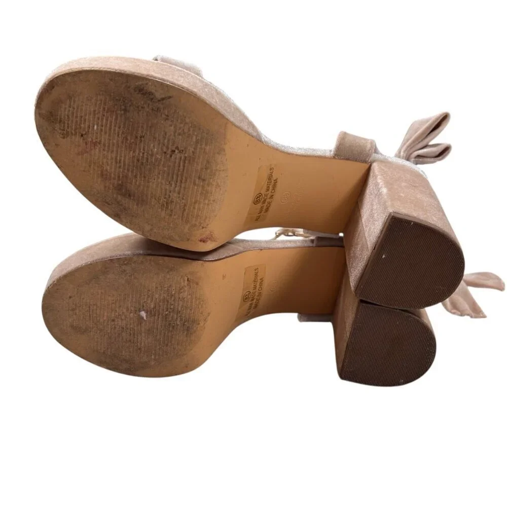 Lulus Sassy Champagne Velvet Bow Platform 8.5 Heels Boho Western Casual Party